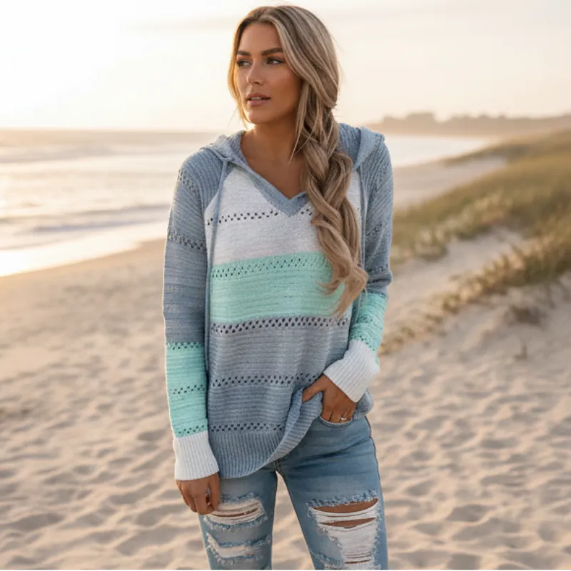 Clotilde | Jersey de Punto Calado con Capucha y Rayas en Bloque - Azul claro