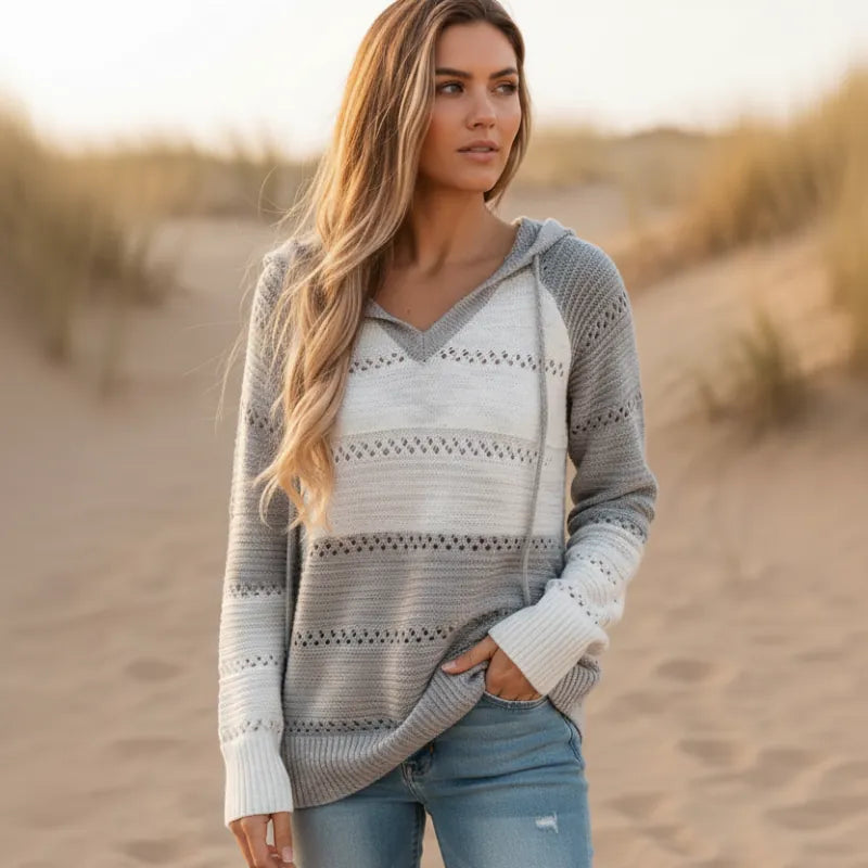 Clotilde | Jersey de Punto Calado con Capucha y Rayas en Bloque - Gris