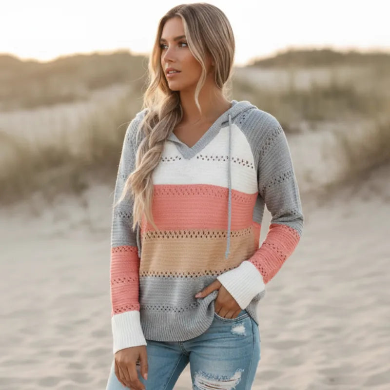 Clotilde | Jersey de Punto Calado con Capucha y Rayas en Bloque - Coral