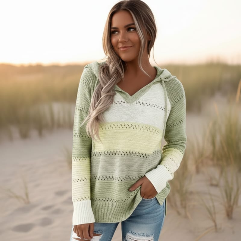Clotilde | Jersey de Punto Calado con Capucha y Rayas en Bloque - Verde oliva