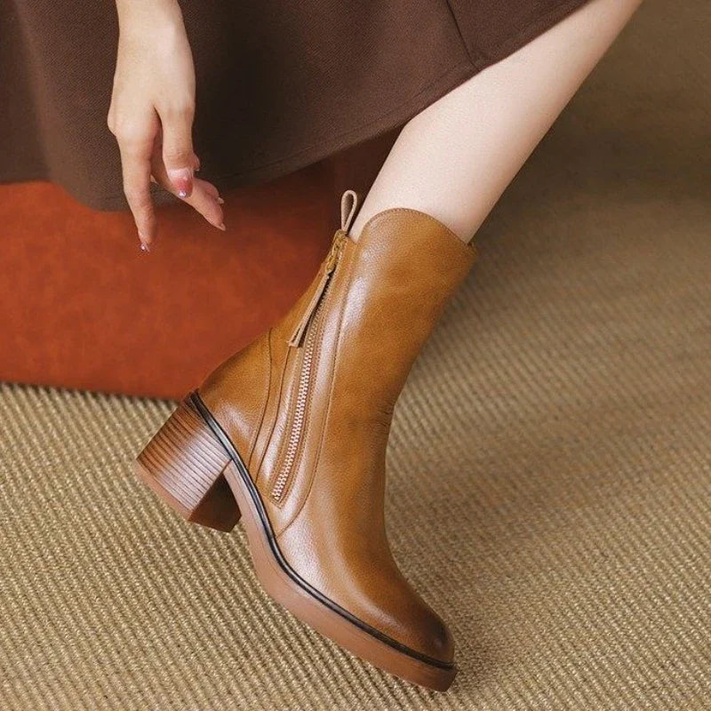 Concha | Botines de Tacón Ancho Efecto Piel con Cremallera