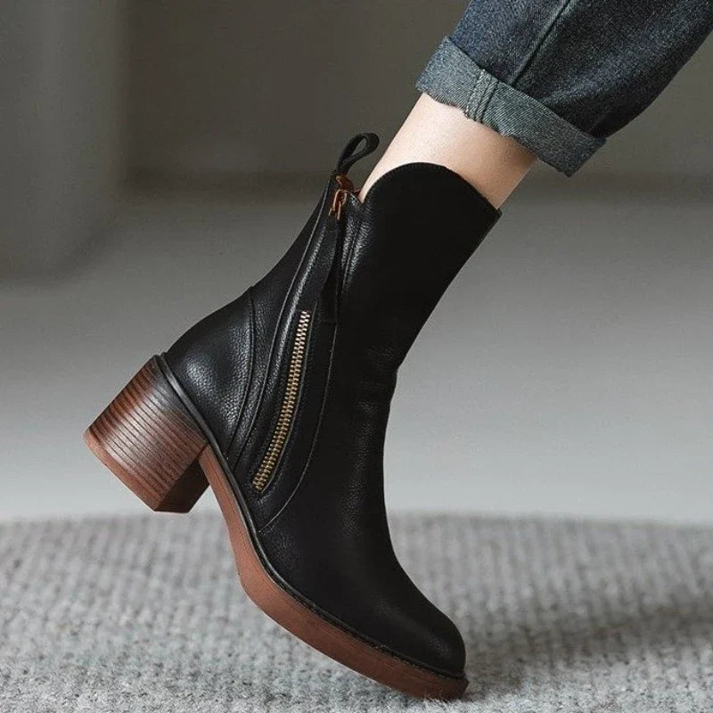 Concha | Botines de Tacón Ancho Efecto Piel con Cremallera - Negro