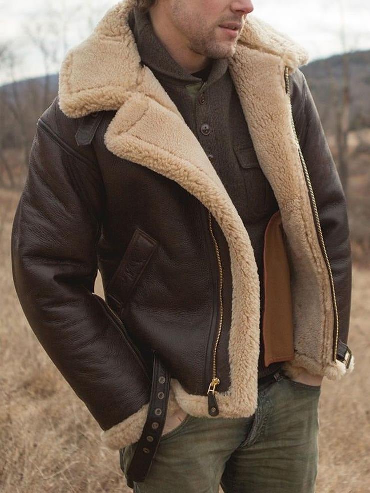 Conrado | Chaqueta Aviador de Hombre Efecto Piel con Cuello de Pelo Sintético - Marrón