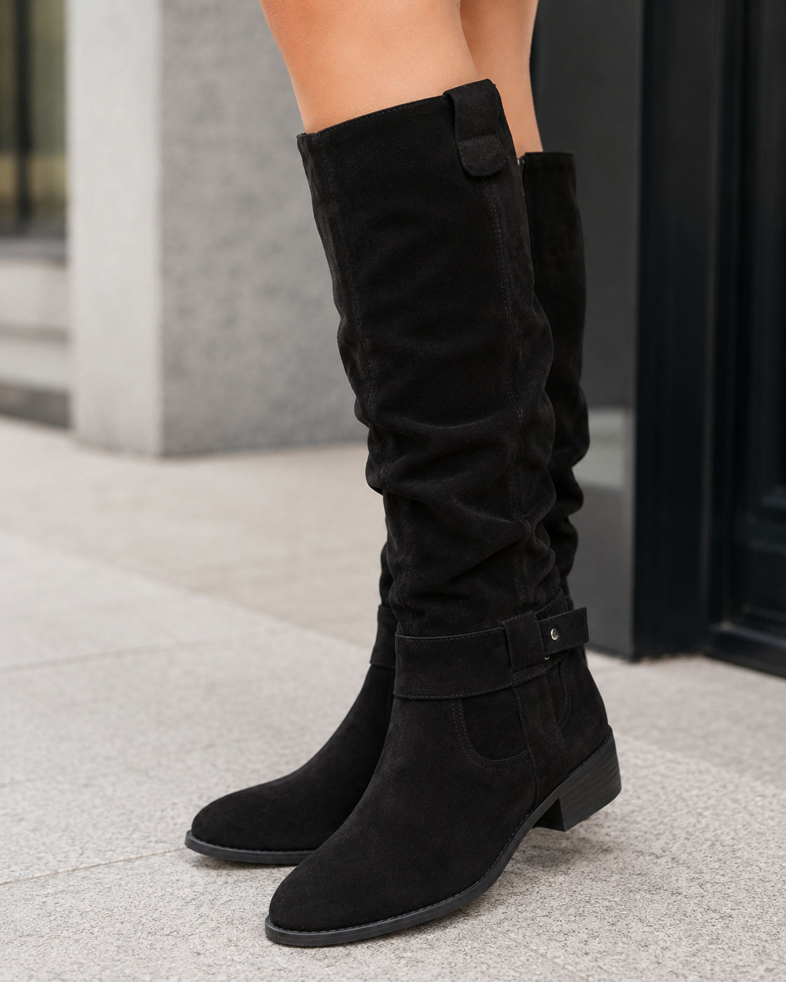 Botas altas de antelina con tacón bajo para mujer
