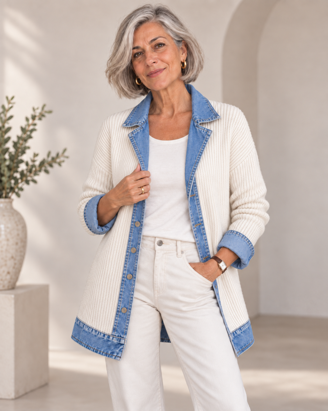Cristina | Chaqueta de Punto con Solapas y Puños Efecto Vaquero - Crudo