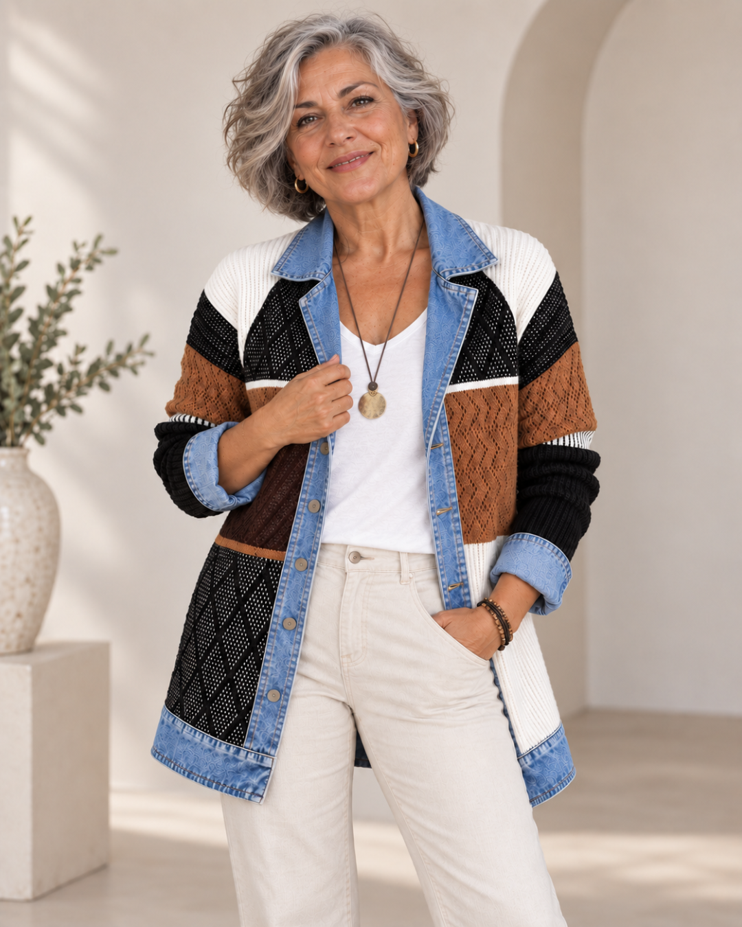 Cristina | Chaqueta de Punto con Solapas y Puños Efecto Vaquero - Multicolor