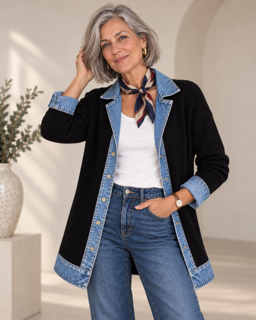 Cristina | Chaqueta de Punto con Solapas y Puños Efecto Vaquero - Negro