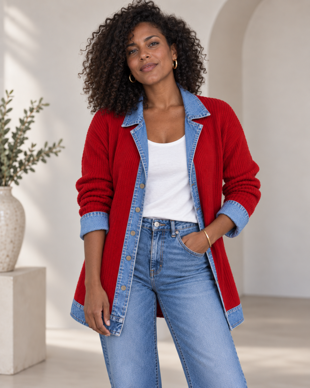 Cristina | Chaqueta de Punto con Solapas y Puños Efecto Vaquero - Rojo
