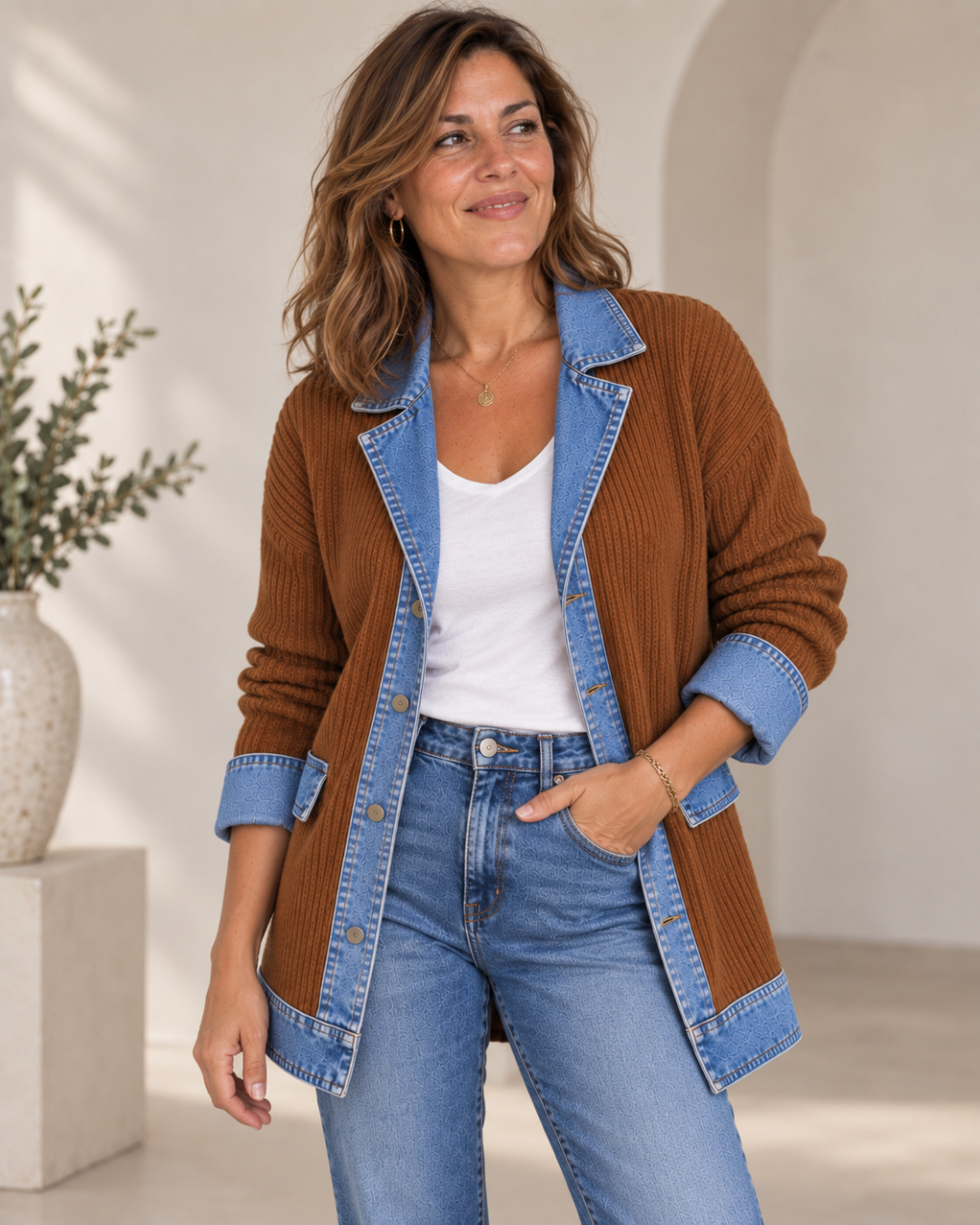 Cristina | Chaqueta de Punto con Solapas y Puños Efecto Vaquero - Caqui