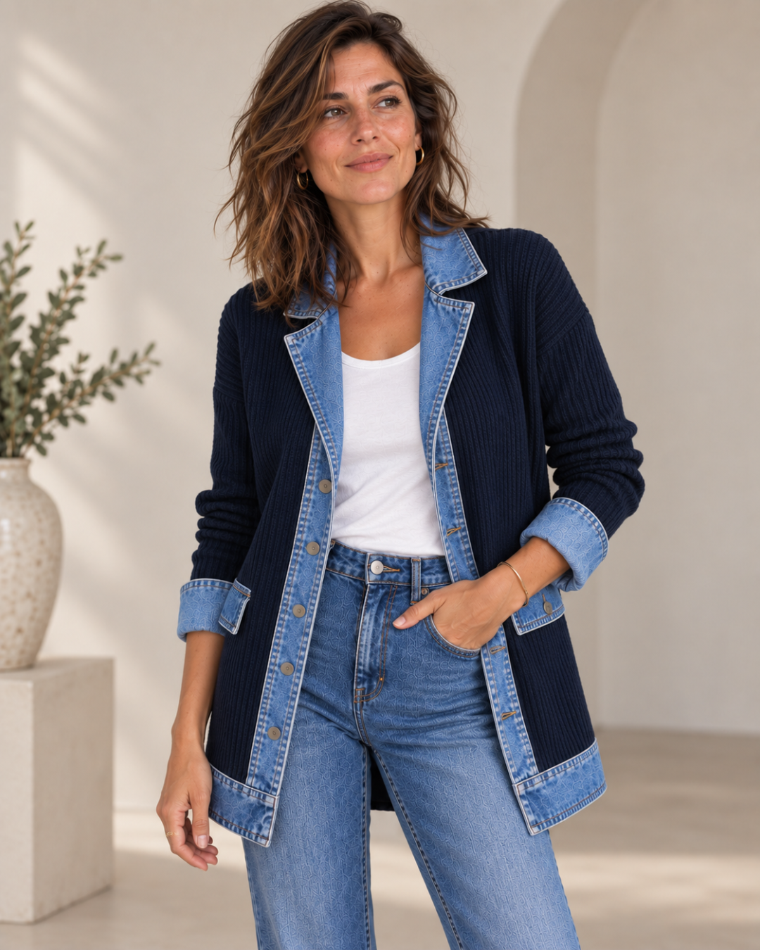 Cristina | Chaqueta de Punto con Solapas y Puños Efecto Vaquero - Azul marino