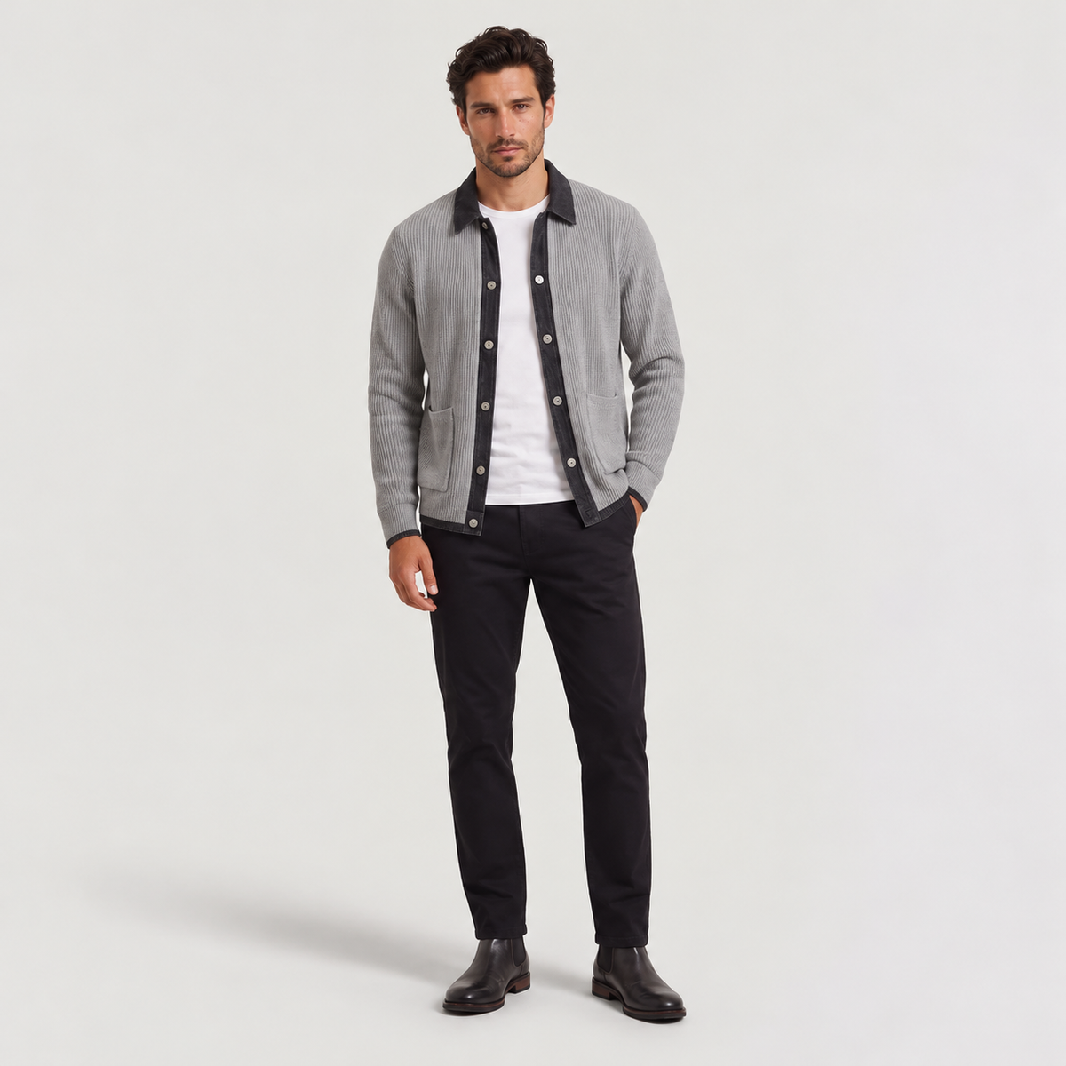 Cristóbal | Cárdigan de Punto Acanalado con Ribetes Efecto Vaquero para Hombre
