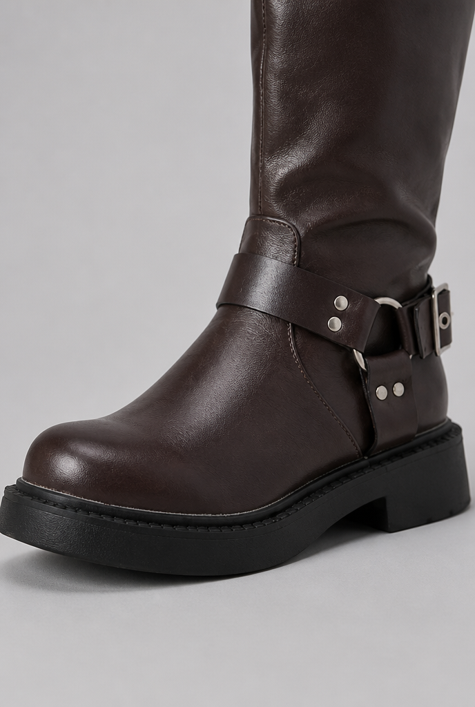 Botas Altas Biker Efecto Piel con Correa y Hebilla Metálica