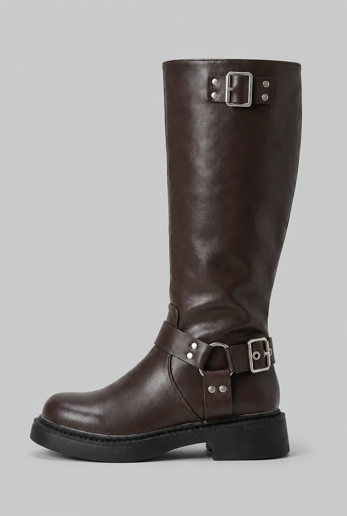 Botas Altas Biker Efecto Piel con Correa y Hebilla Metálica