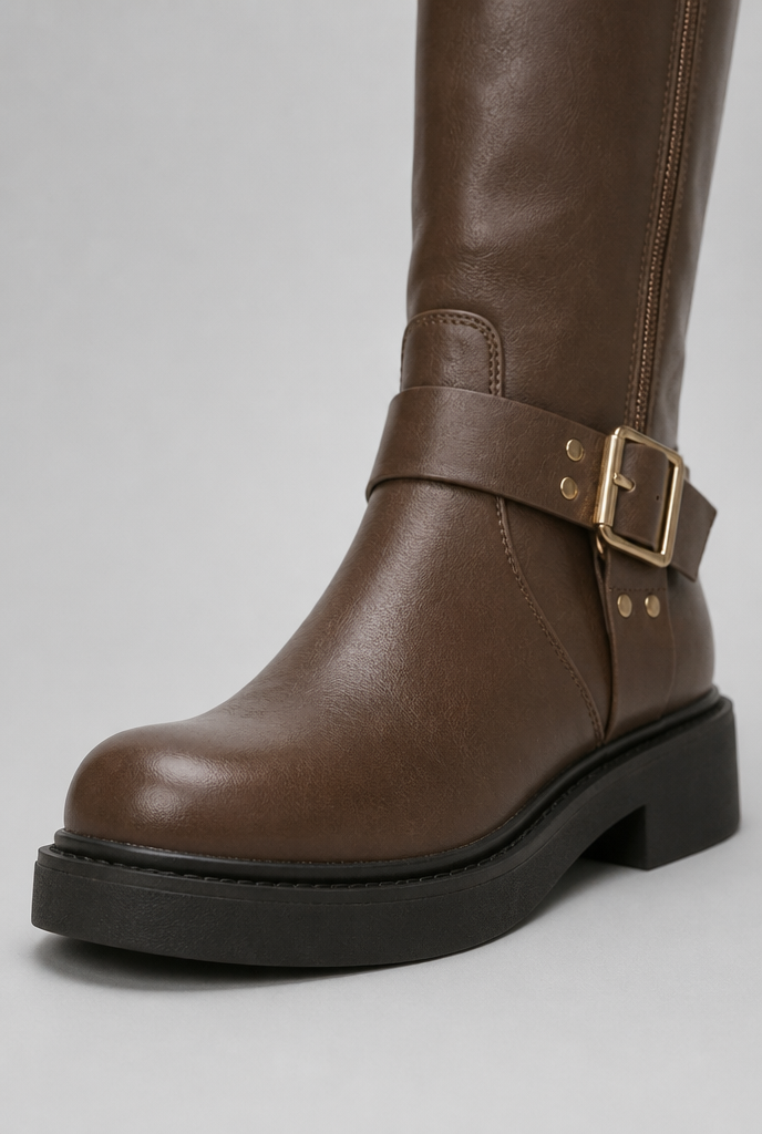 Botas Altas Biker Efecto Piel con Correa y Hebilla Metálica