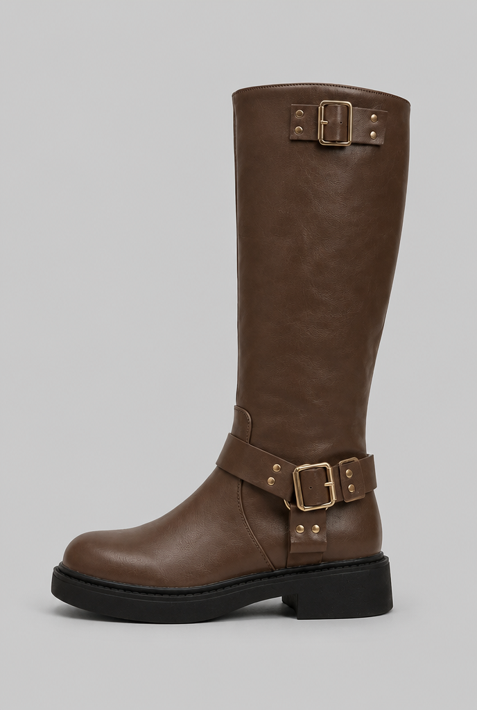 Botas Altas Biker Efecto Piel con Correa y Hebilla Metálica