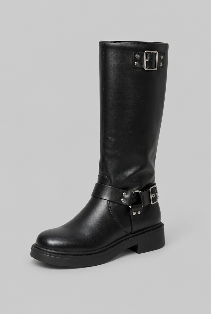 Botas Altas Biker Efecto Piel con Correa y Hebilla Metálica - Negro