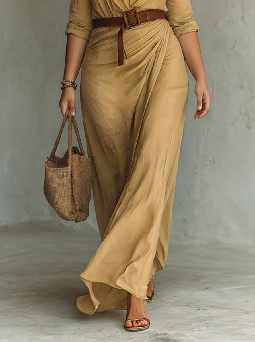 Vestido largo mujer cuello solapa manga larga cinturón