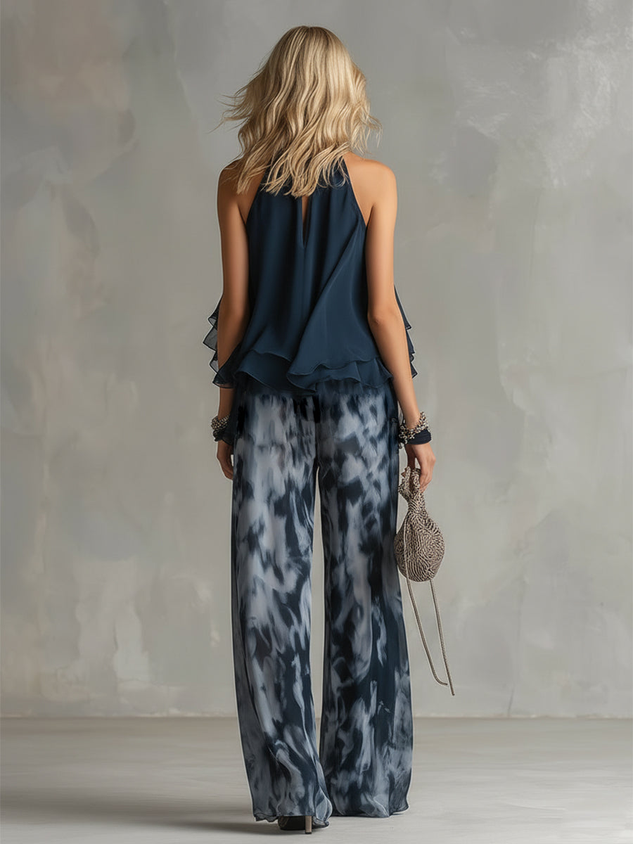 Ludovica | Conjunto Elegante de Gasa con Top de Cuello Alto y Pantalón Estampado de Pernera Ancha