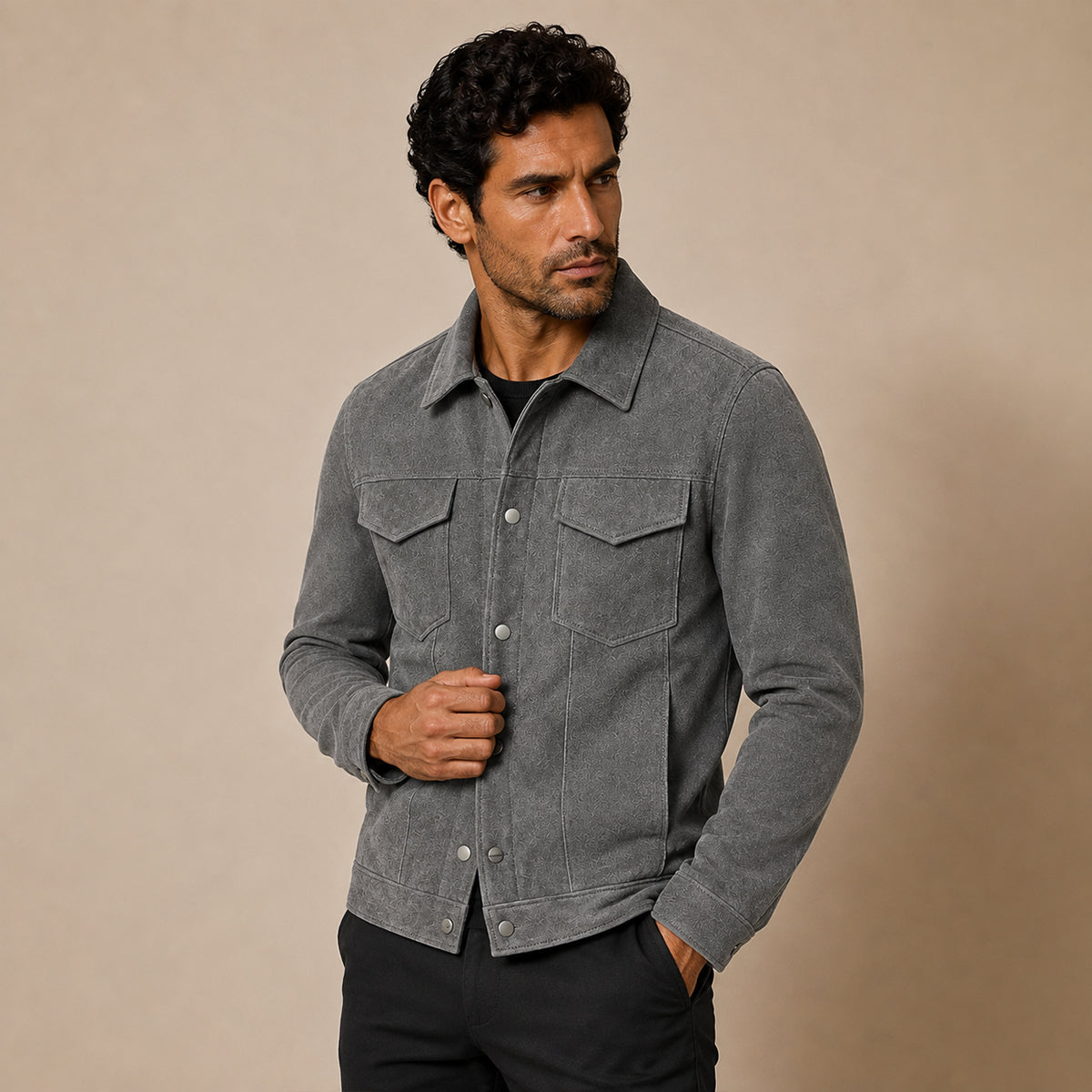 Damián | Chaqueta Camionera de Hombre Efecto Ante con Botones de Presión - Gris