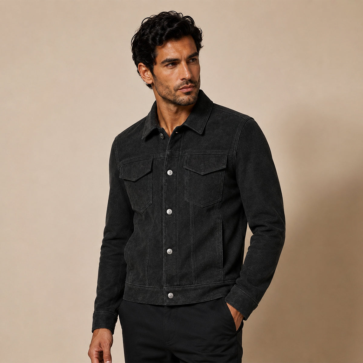 Damián | Chaqueta Camionera de Hombre Efecto Ante con Botones de Presión - Negro