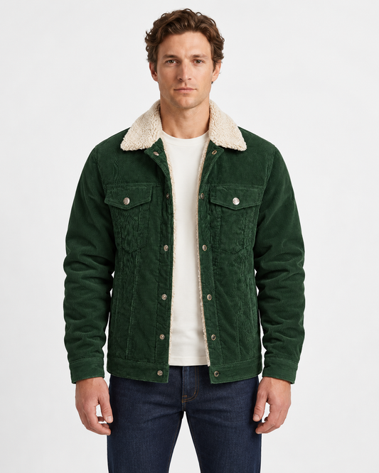 Diego | Chaqueta de Pana con Cuello de Borreguito para Hombre - Verde botella
