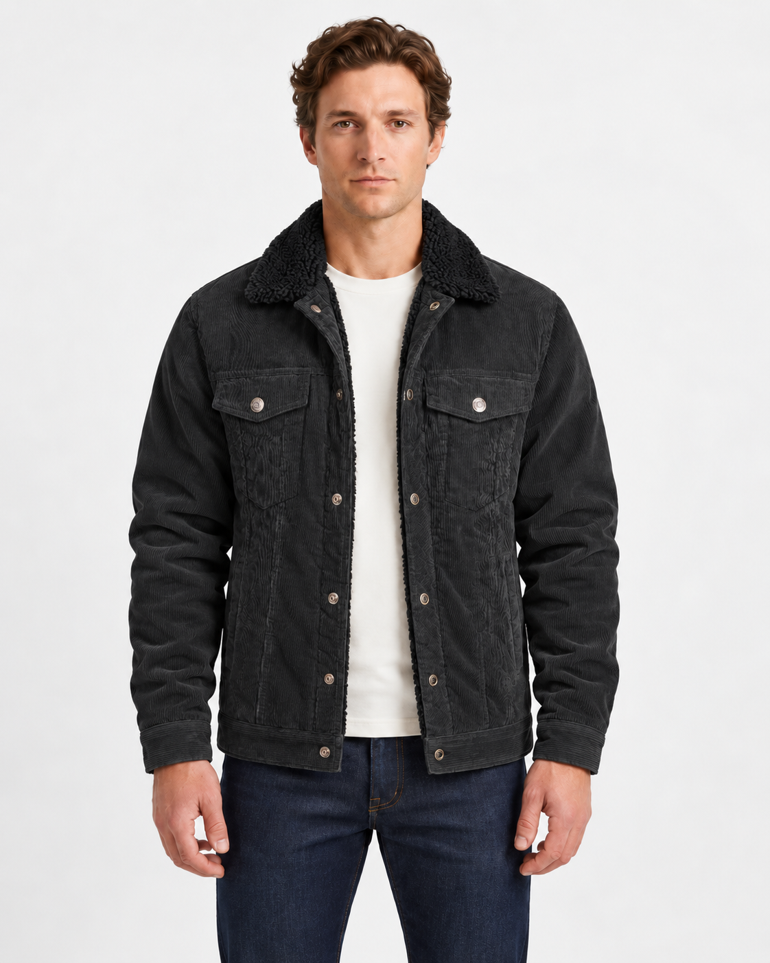 Diego | Chaqueta de Pana con Cuello de Borreguito para Hombre - Negro total