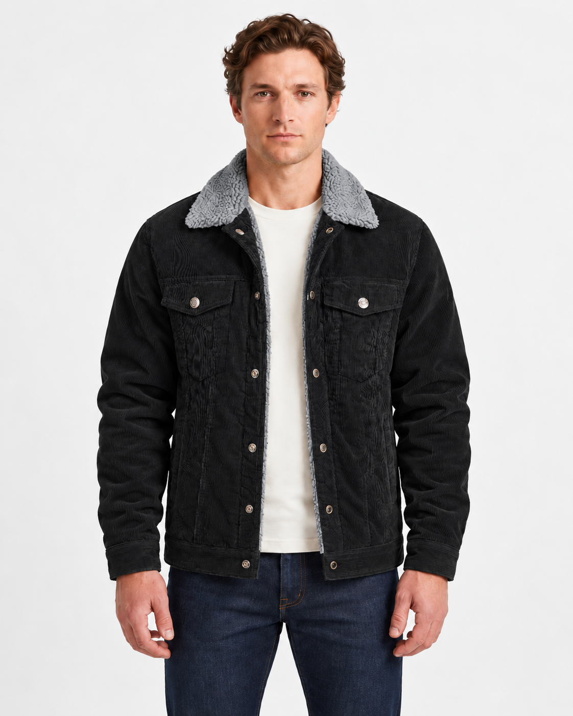 Diego | Chaqueta de Pana con Cuello de Borreguito para Hombre - Negro con cuello gris