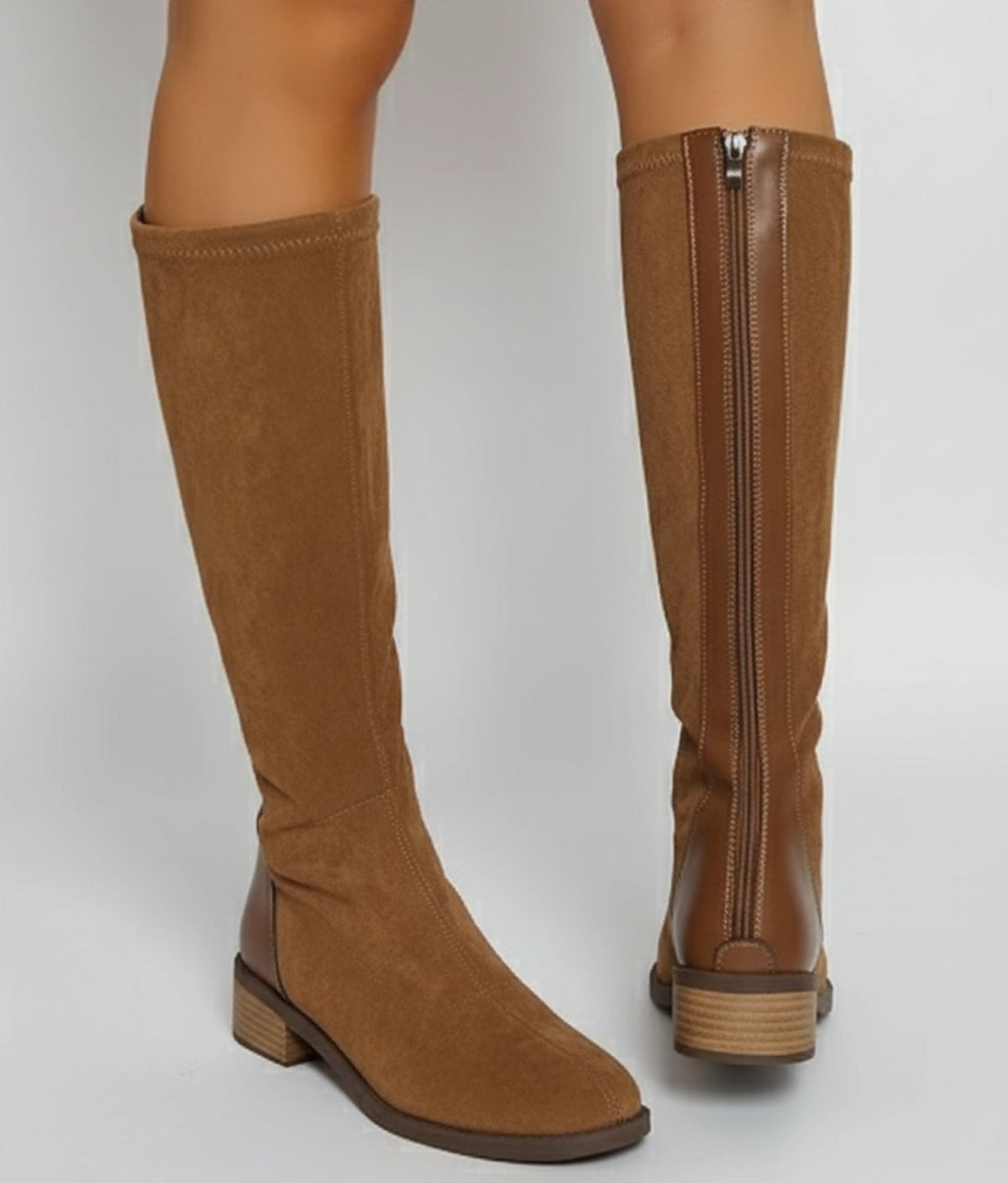 Dorina | Botas Altas Efecto Ante con Talón en Contraste y Tacón Bajo - Camel