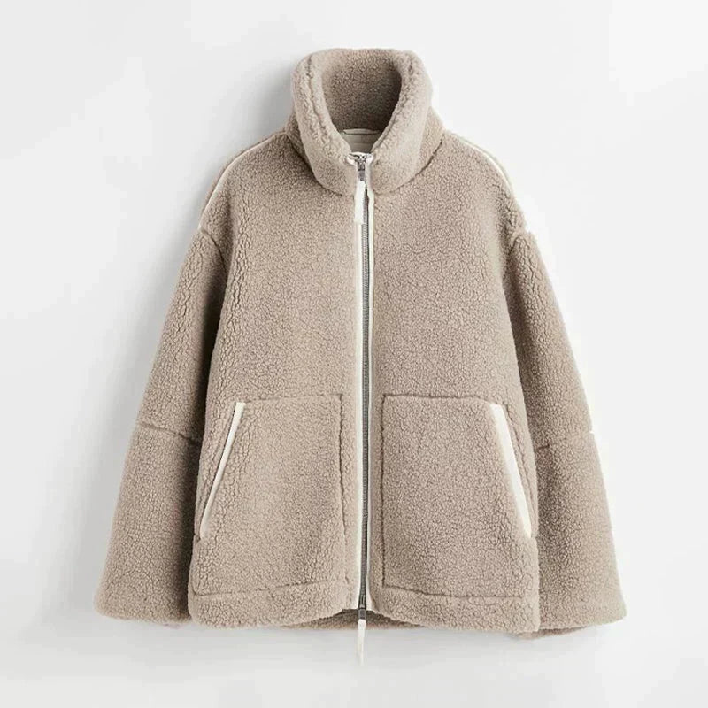 Chaqueta teddy oversize mujer cuello alto efecto borrego
