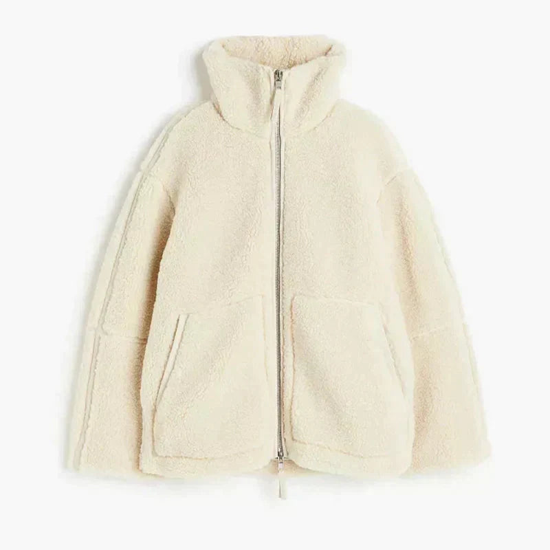 Chaqueta teddy oversize mujer cuello alto efecto borrego