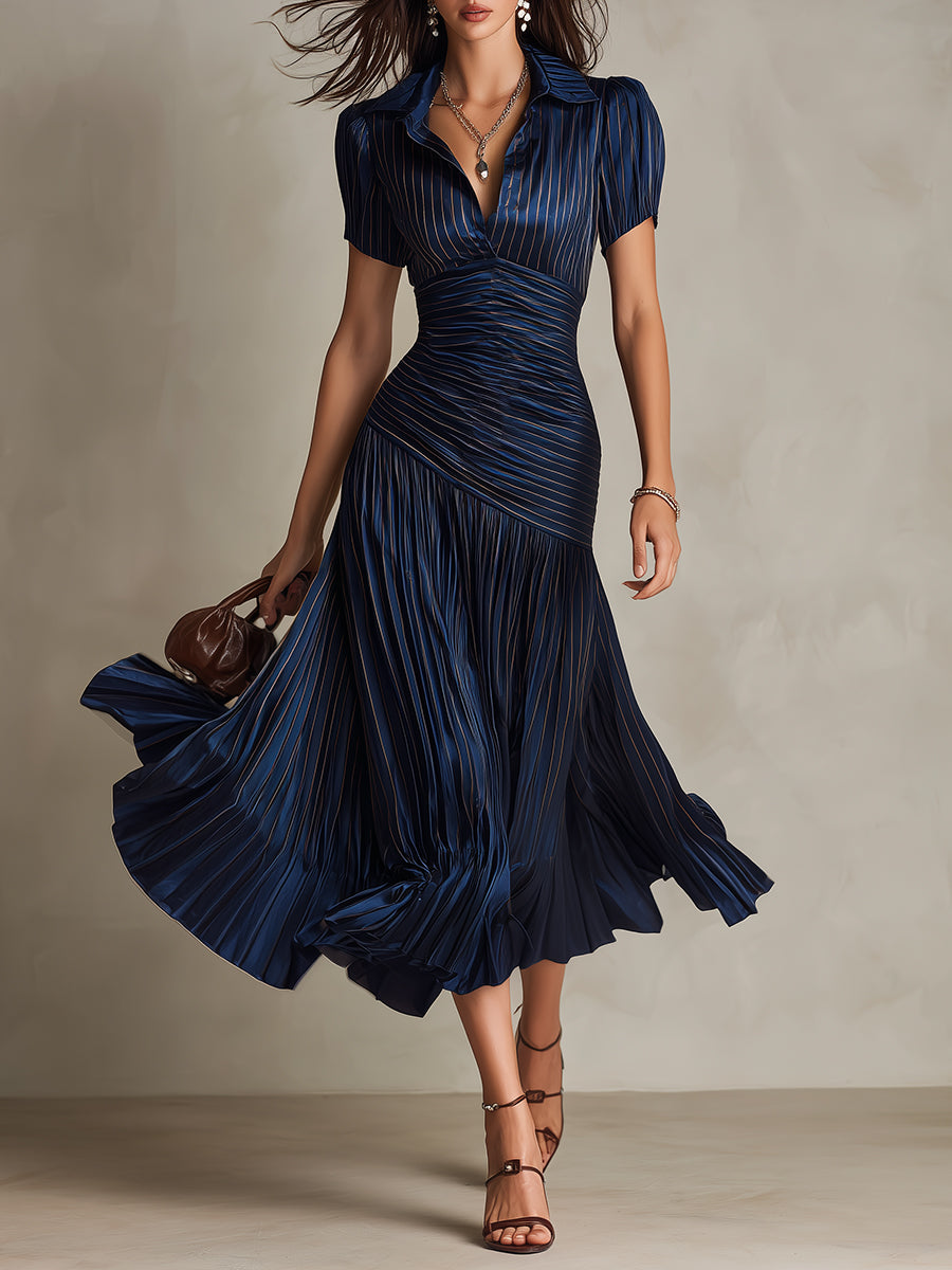 Adriana - Vestido Midi de Satén con Rayas Retro