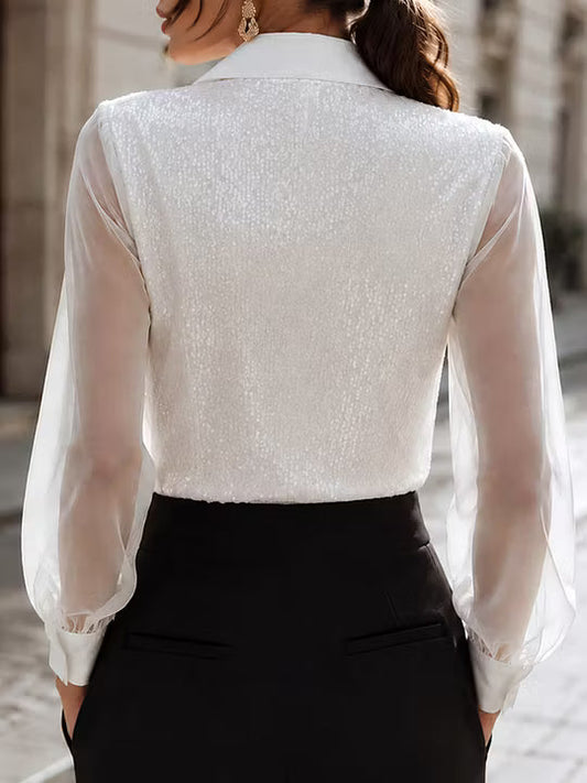 Blusa con Lentejuelas, Mangas Transparentes y Botones Frontales