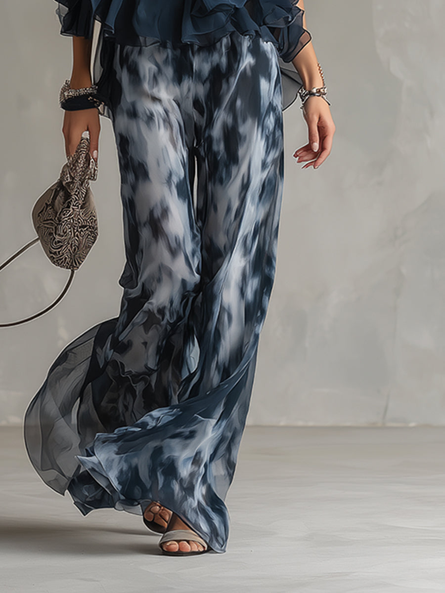 Ludovica | Conjunto Elegante de Gasa con Top de Cuello Alto y Pantalón Estampado de Pernera Ancha