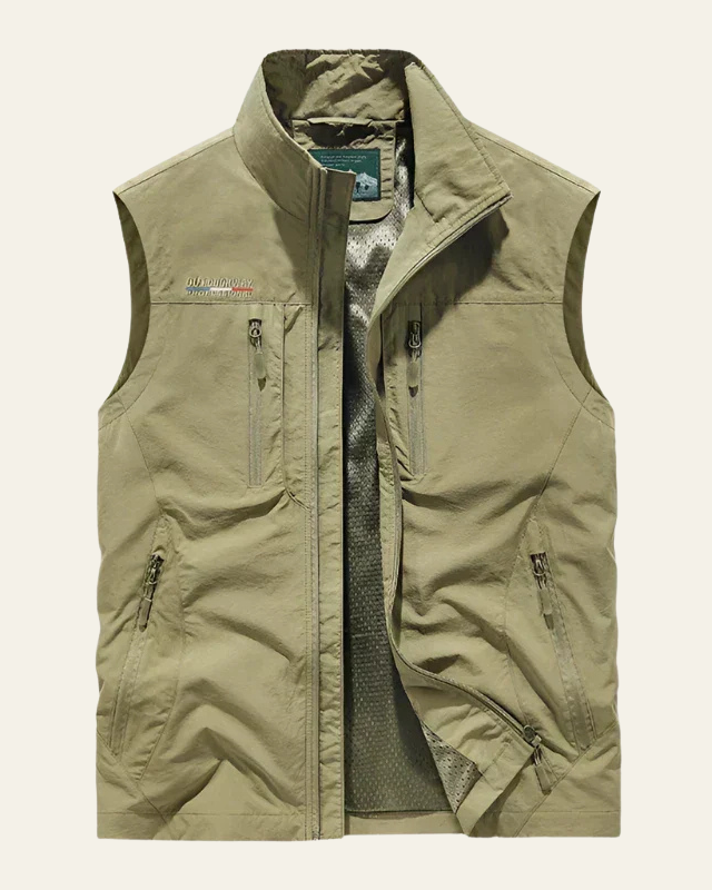 Efraín | Chaleco Ligero Multibolsillos para Hombre con Cuello Alto - Caqui