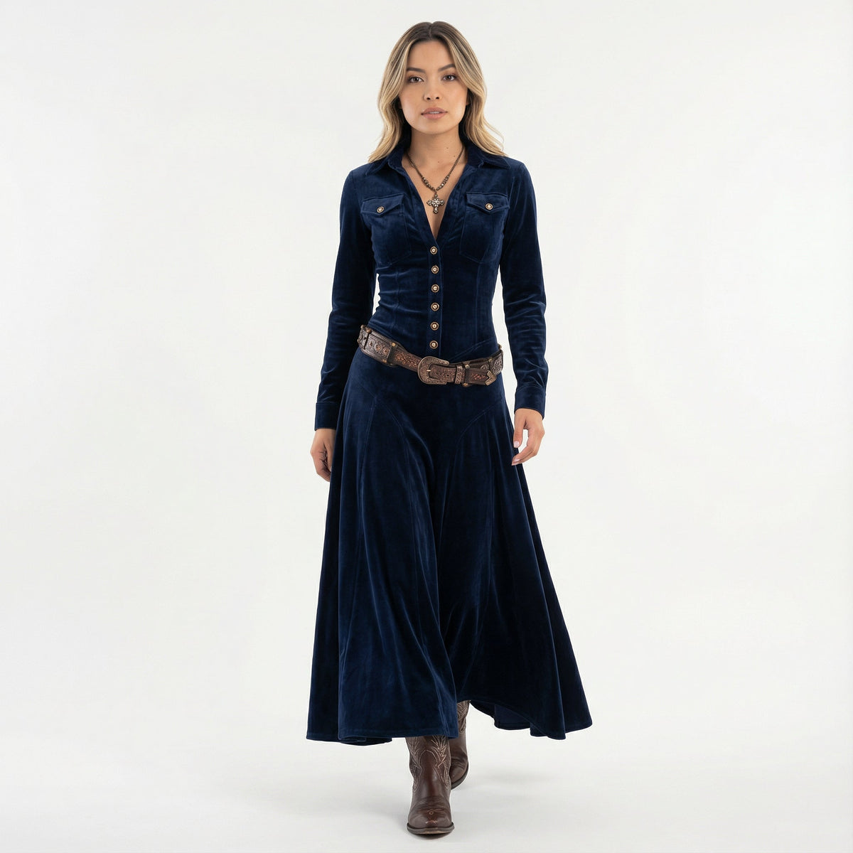 Vestido Largo de Terciopelo Camisero con Botones y Manga Larga - Azul oscuro