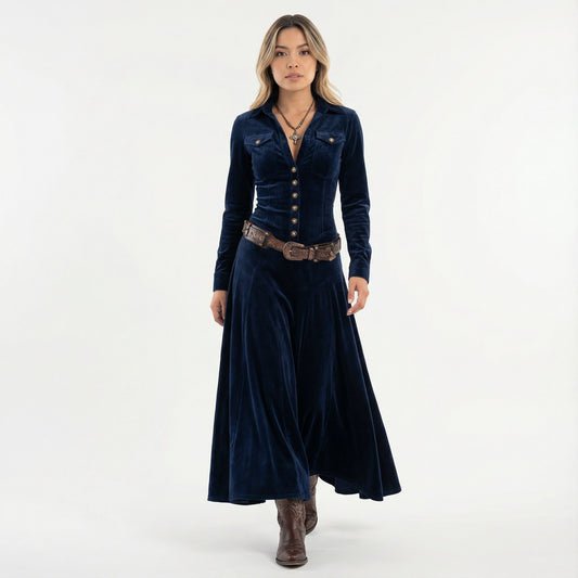 Vestido Largo de Terciopelo Camisero con Botones y Manga Larga - Azul oscuro