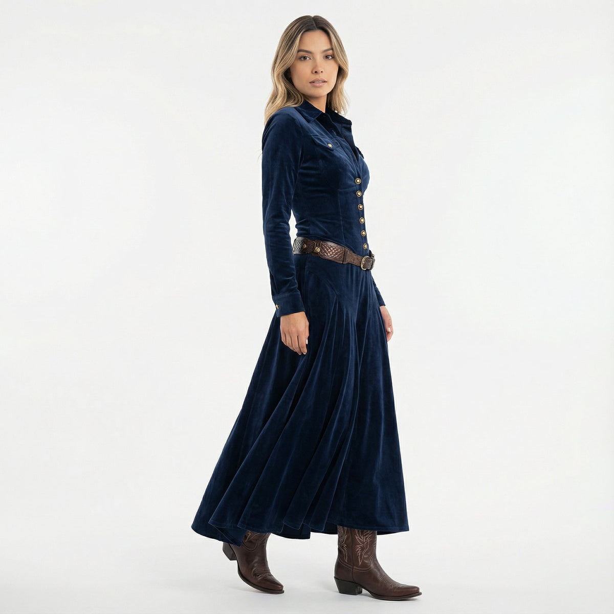 Vestido Largo de Terciopelo Camisero con Botones y Manga Larga