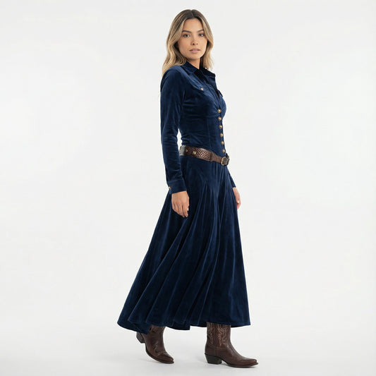 Vestido Largo de Terciopelo Camisero con Botones y Manga Larga