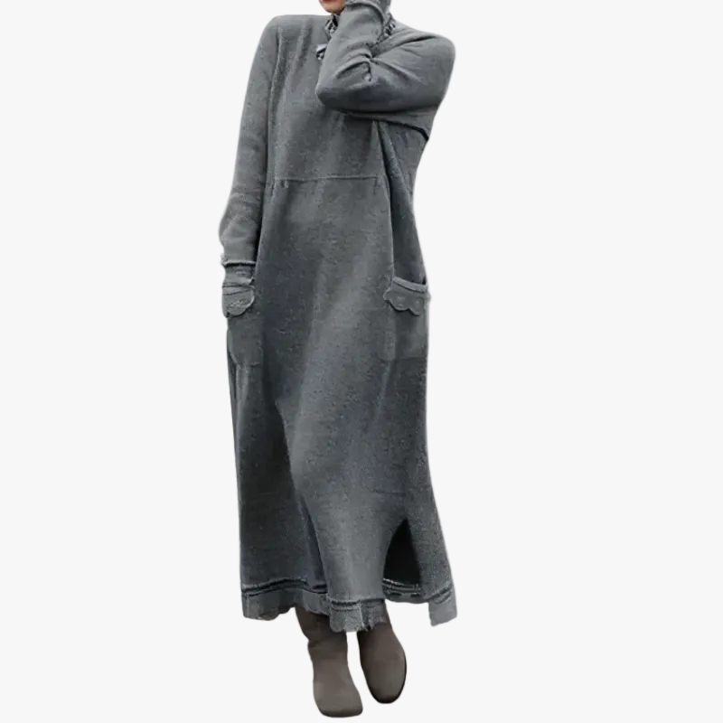 Encarnación | Vestido Largo de Punto con Cuello Alto y Bolsillos - Gris