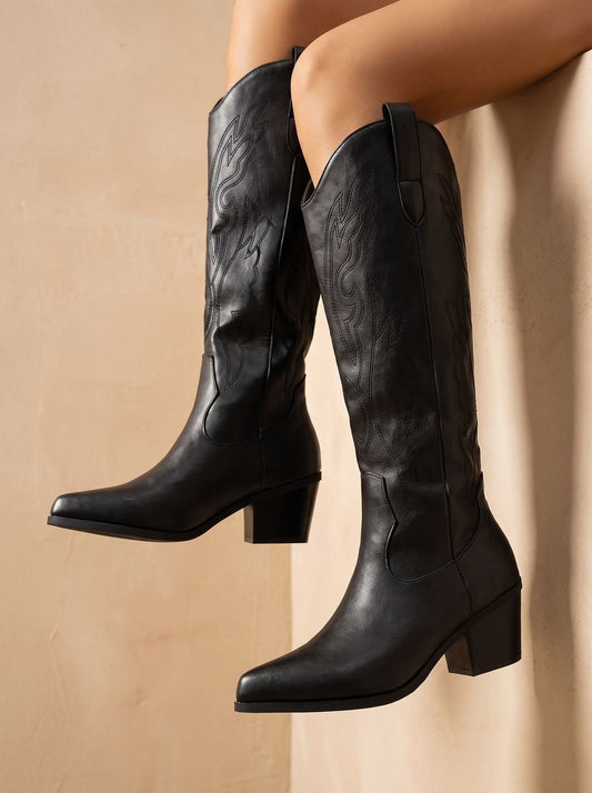 Estrella | Botas Cowboy Altas Bordadas de Caña Ancha con Tacón - Negro