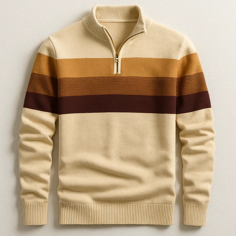 Eusebio | Jersey de Rayas con Media Cremallera de Algodón para Hombre - Crema y marrón