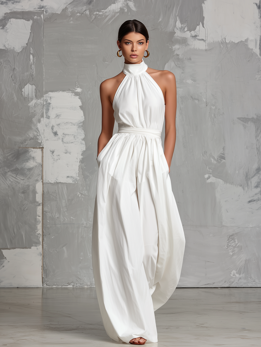 Zoltán | Mono Elegante Blanco Tejido sin Mangas con Cuello Halter