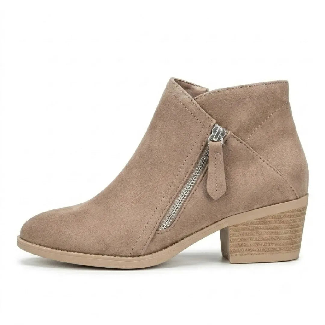 Fabiana | Botines Efecto Ante con Cremallera Lateral y Tacón Ancho - Beige