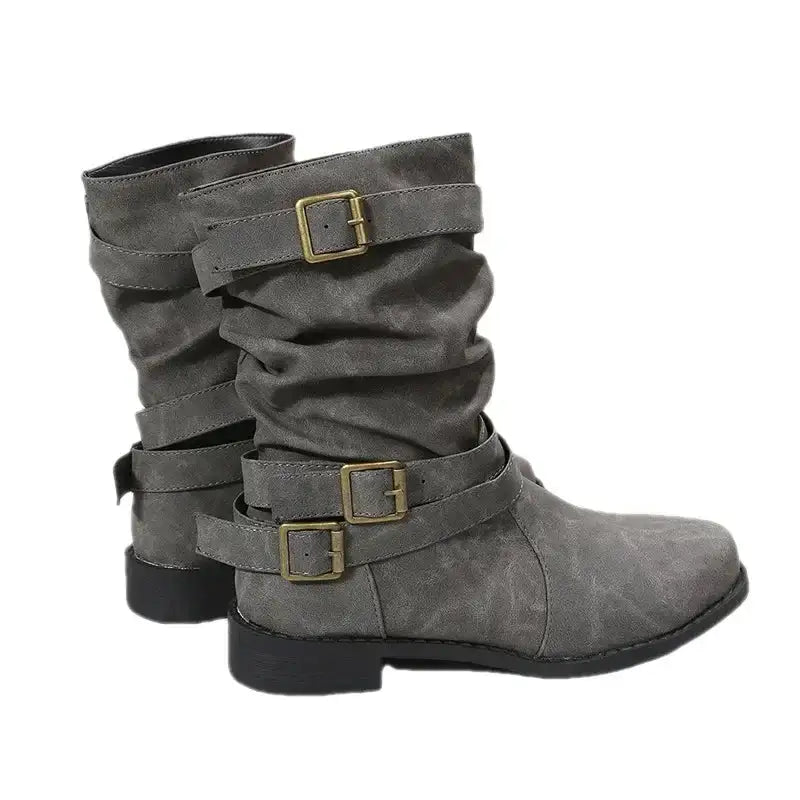 Fátima | Botas Planas Retro Efecto Piel con Hebillas y Caña Fruncida