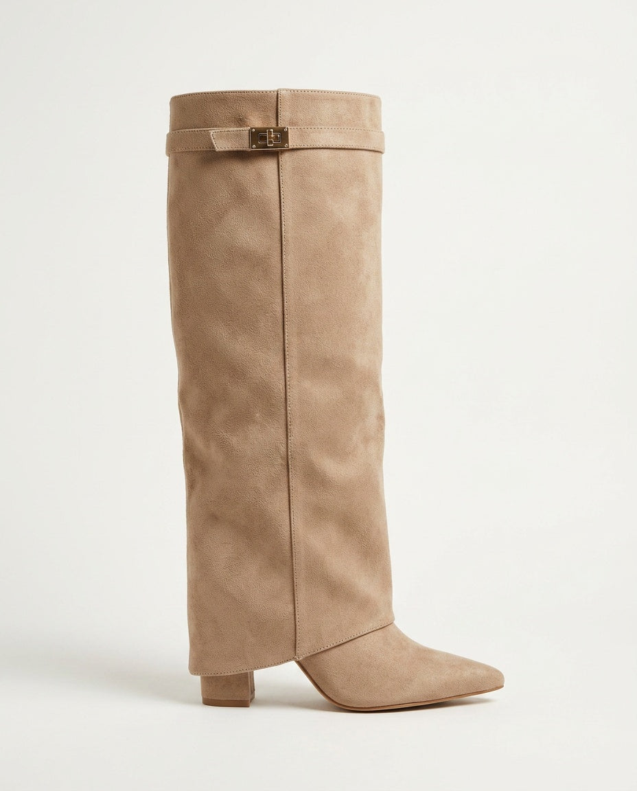 Fausta | Botas Altas de Caña Vuelta con Correa y Cremallera Lateral - Beige