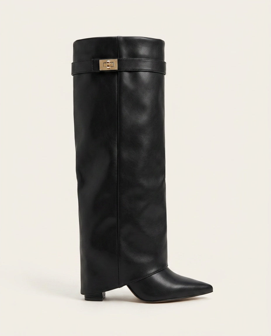 Fausta | Botas Altas de Caña Vuelta con Correa y Cremallera Lateral - Negro
