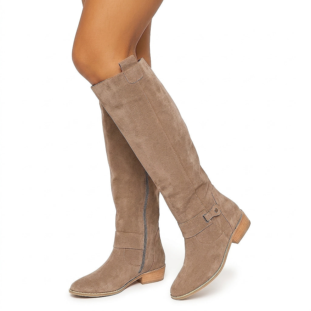 Fe | Botas Altas Efecto Ante hasta la Rodilla con Tacón Bajo - Beige