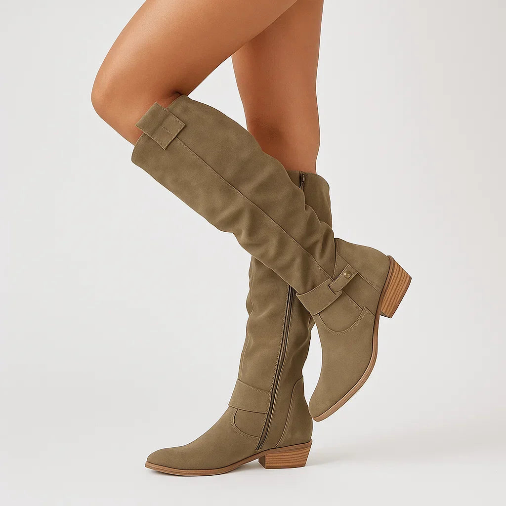 Fe | Botas Altas Efecto Ante hasta la Rodilla con Tacón Bajo - Verde oliva