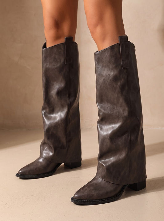 Felicidad | Botas Altas Estilo Cowboy Efecto Piel con Caña Ancha