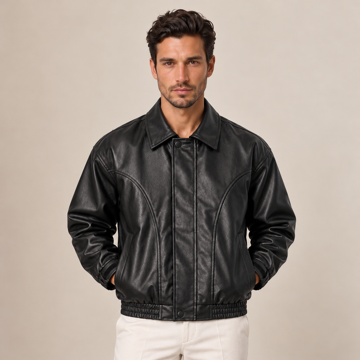 Felipe | Cazadora Bomber de Hombre Efecto Piel con Cuello Camisero - Negro